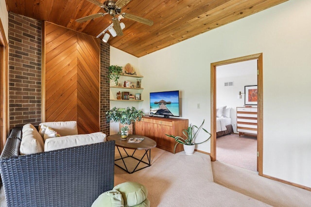 W318S4121 Highview Rd, Waukesha, WI 53189 - living area with vaulted ceiling, light colored carpet, wooden ceiling, and a ceiling fan