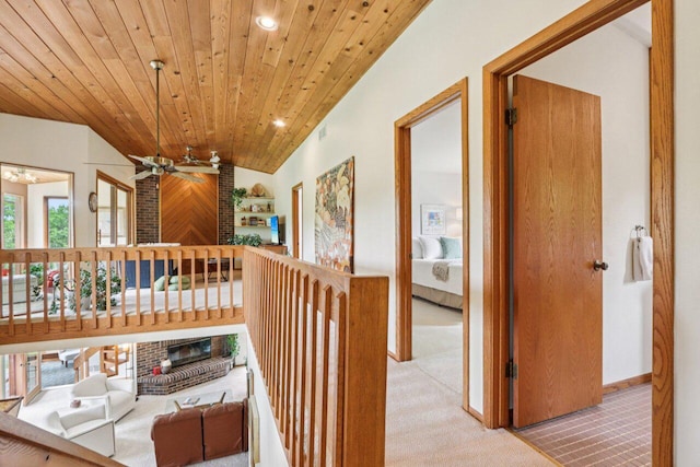 W318S4121 Highview Rd, Waukesha, WI 53189 - hall featuring wood ceiling, recessed lighting, carpet floors, and lofted ceiling