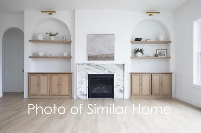 2584 N Stellita Cir, De Pere, WI 54115 - living area featuring wood finished floors, built in features, a fireplace, and arched walkways