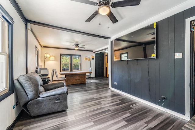 500 S Pierce Ave, Appleton, WI 54914 - living area with a ceiling fan, wood finished floors, an office area, and wooden walls