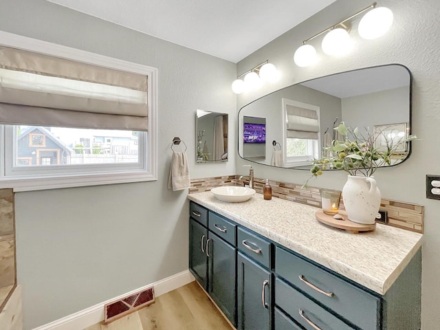431 Limestone St, Kiel, WI 53042 - bathroom with vanity, wood finished floors, and decorative backsplash