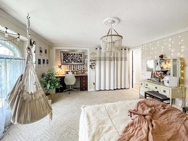 431 Limestone St, Kiel, WI 53042 - carpeted living area featuring a desk, ornamental molding, a chandelier, and a textured ceiling