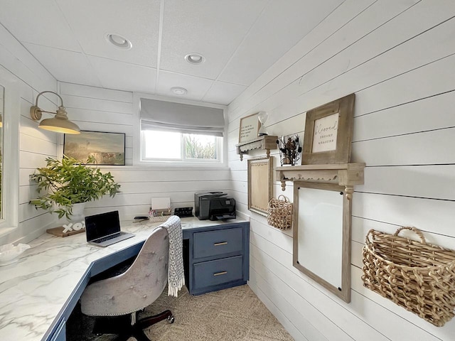 431 Limestone St, Kiel, WI 53042 - office with wood walls, recessed lighting, and light colored carpet