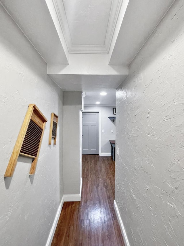 431 Limestone St, Kiel, WI 53042 - hallway featuring wood finished floors, ornamental molding, and a textured wall