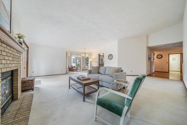 942 E Mayfield Dr, Appleton, WI 54911 - carpeted living room with a brick fireplace and a chandelier