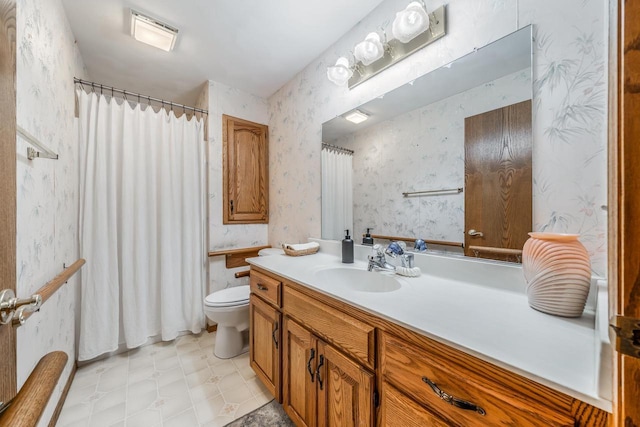942 E Mayfield Dr, Appleton, WI 54911 - bathroom featuring wallpapered walls, vanity, tile patterned floors, and curtained shower