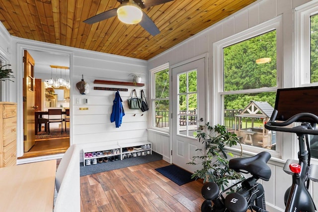 5706 Tolman Ter, Madison, WI 53711 - mudroom with wood-type flooring, ceiling fan, wood ceiling, and wooden walls