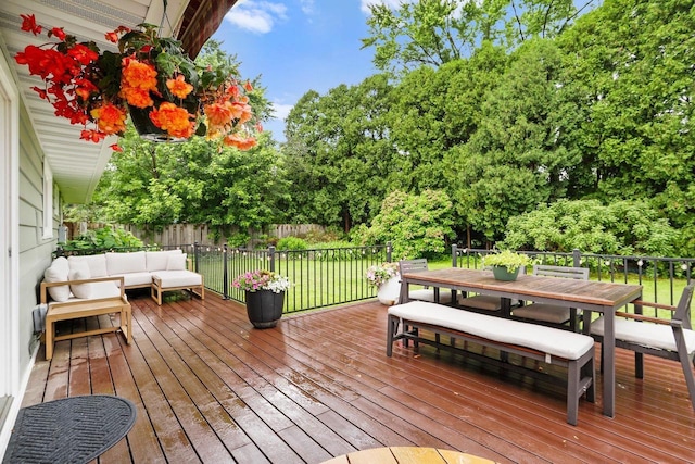5706 Tolman Ter, Madison, WI 53711 - wooden terrace with outdoor dining area, an outdoor living space, a fenced backyard, and view of scattered trees