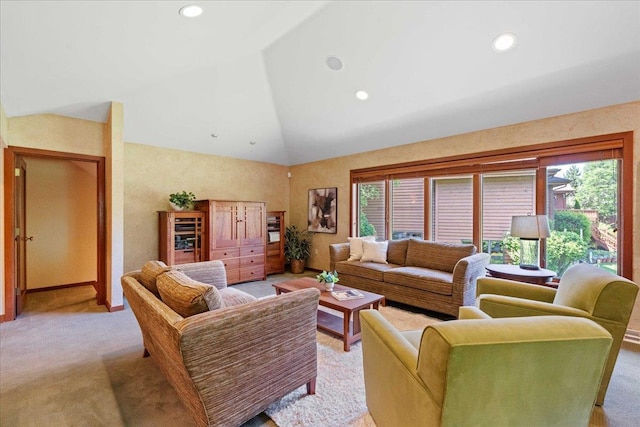 5870 Persimmon Dr, Fitchburg, WI 53711 - living area featuring light carpet, recessed lighting, and vaulted ceiling