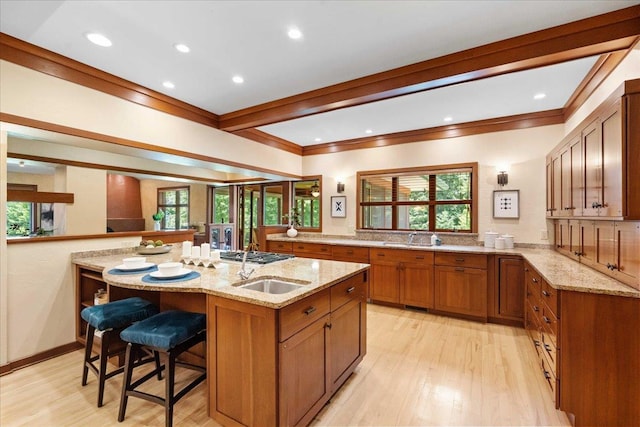 5870 Persimmon Dr, Fitchburg, WI 53711 - kitchen featuring brown cabinets, light wood-style floors, a kitchen bar, light stone counters, and ornamental molding