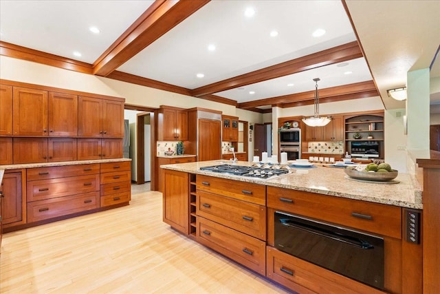 5870 Persimmon Dr, Fitchburg, WI 53711 - kitchen featuring a warming drawer, open shelves, stainless steel appliances, brown cabinets, and beamed ceiling