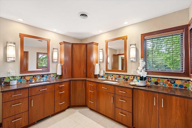 5870 Persimmon Dr, Fitchburg, WI 53711 - full bath with vanity, tasteful backsplash, recessed lighting, and tile patterned floors