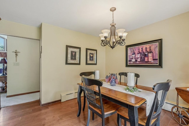 S46W22428 Tansdale Rd, Waukesha, WI 53189 - dining area with a chandelier, wood finished floors, and a baseboard heating unit