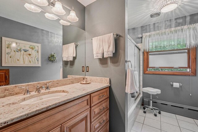 S46W22428 Tansdale Rd, Waukesha, WI 53189 - bathroom with baseboard heating, tile patterned flooring, vanity, and enclosed tub / shower combo