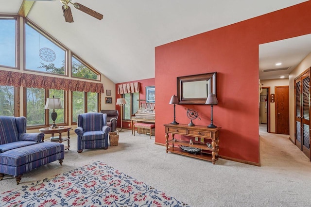 S46W22428 Tansdale Rd, Waukesha, WI 53189 - carpeted living room featuring a ceiling fan and high vaulted ceiling