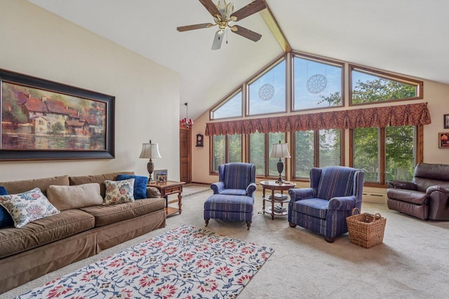 S46W22428 Tansdale Rd, Waukesha, WI 53189 - living room featuring carpet floors, a ceiling fan, healthy amount of natural light, and high vaulted ceiling