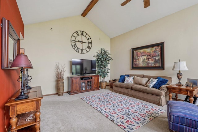 S46W22428 Tansdale Rd, Waukesha, WI 53189 - living area featuring carpet flooring, beamed ceiling, ceiling fan, and high vaulted ceiling
