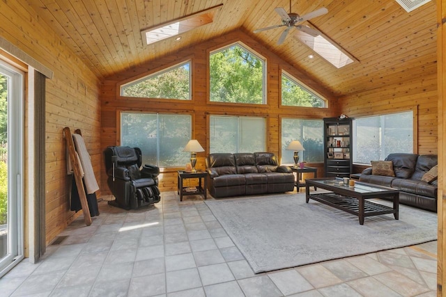 1201 Lance Dr, Twin Lakes, WI 53181 - living room featuring a skylight, wooden walls, high vaulted ceiling, ceiling fan, and wood ceiling
