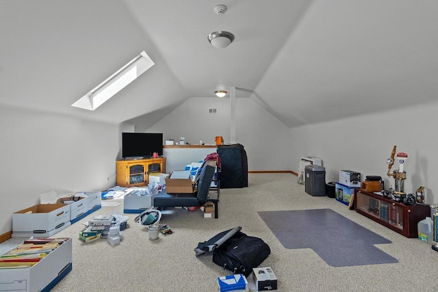 1201 Lance Dr, Twin Lakes, WI 53181 - exercise area featuring a skylight, carpet, and lofted ceiling