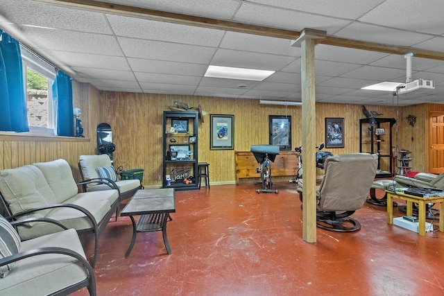 1201 Lance Dr, Twin Lakes, WI 53181 - workout area featuring a paneled ceiling and wood walls