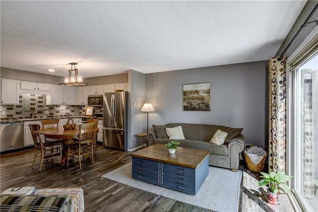 45 Stump Lake Rd Unit 6, Chippewa Falls, WI 54729 - living room featuring dark wood-style floors, a textured ceiling, and a chandelier