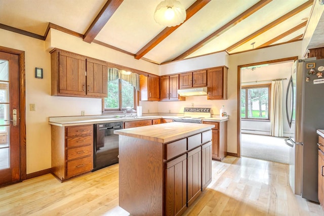 7040 Blonien Ave, Rudolph, WI 54475 - kitchen featuring black dishwasher, range with electric stovetop, freestanding refrigerator, under cabinet range hood, and butcher block countertops