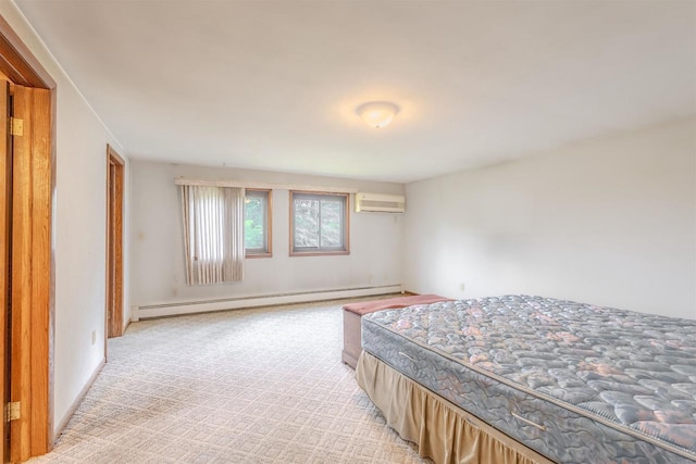 7040 Blonien Ave, Rudolph, WI 54475 - bedroom with baseboard heating, a wall unit AC, and light carpet