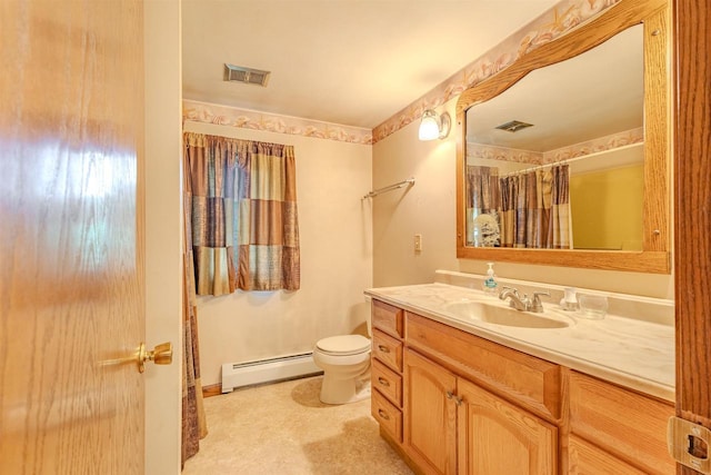 7040 Blonien Ave, Rudolph, WI 54475 - bathroom featuring a baseboard heating unit, vanity, and curtained shower