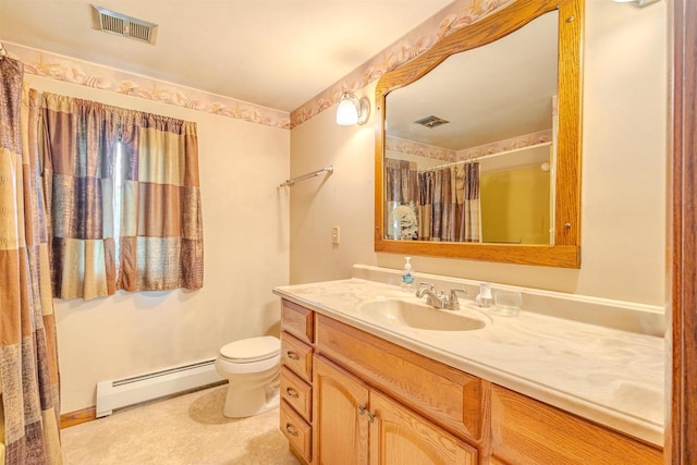 7040 Blonien Ave, Rudolph, WI 54475 - bathroom featuring baseboard heating, vanity, and a shower with shower curtain