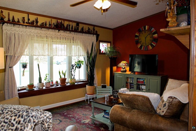 68165 Front St, Iron River, WI 54847 - living area featuring ceiling fan, a textured ceiling, and crown molding