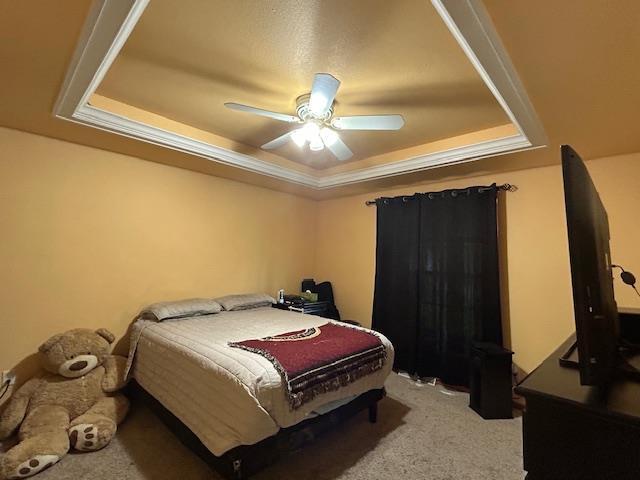 5201 Lombardy Dr, Wausau, WI 54401 - carpeted bedroom with a raised ceiling and a ceiling fan