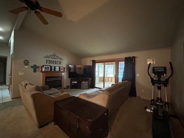 5201 Lombardy Dr, Wausau, WI 54401 - living room featuring lofted ceiling, light carpet, a ceiling fan, and a fireplace