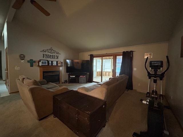 5201 Lombardy Dr, Wausau, WI 54401 - living area featuring light carpet, ceiling fan, lofted ceiling, and a fireplace