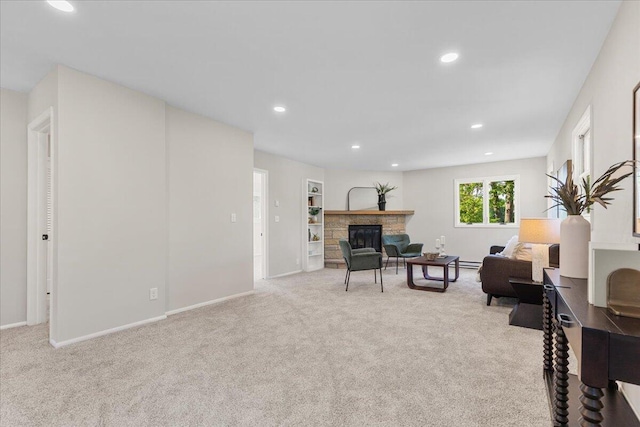 N113W20588 Edgewood Dr, Germantown, WI 53022 - living room with light colored carpet, recessed lighting, and a stone fireplace