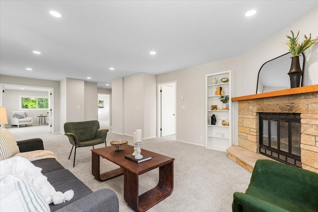 N113W20588 Edgewood Dr, Germantown, WI 53022 - carpeted living area with recessed lighting, a fireplace, and built in features