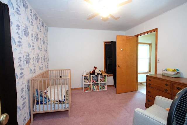 N3225 County Road K, Mauston, WI 53948 - bedroom with carpet flooring, ceiling fan, and wallpapered walls