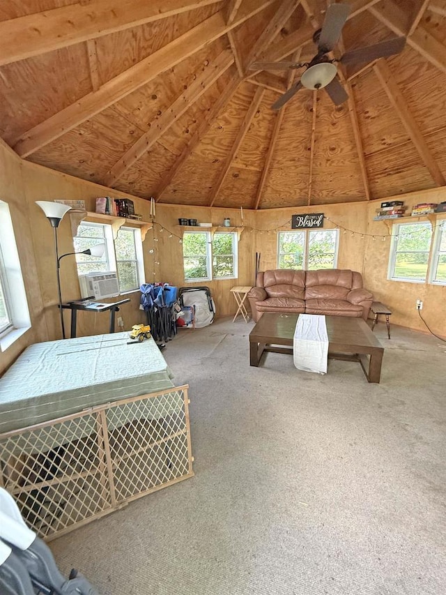 N3225 County Road K, Mauston, WI 53948 - carpeted living room with ceiling fan, plenty of natural light, wooden ceiling, and cooling unit