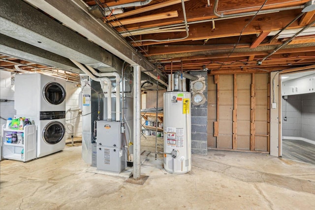 2040 San Fernando Dr, Elm Grove, WI 53122 - unfinished below grade area with estacked washer and dryer, gas water heater, and heating unit