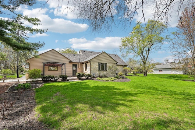 2040 San Fernando Dr, Elm Grove, WI 53122 - single story home with stone siding, a front yard, and roof with shingles