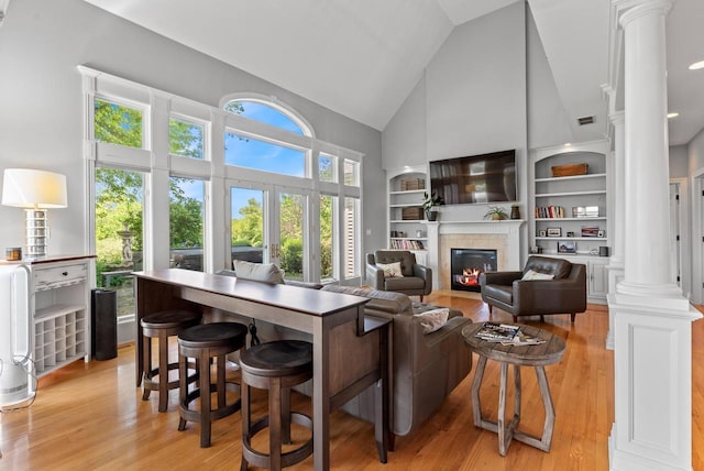 4047 Scenic Rd, Jackson, WI 53037 - living area featuring high vaulted ceiling, decorative columns, light wood-style floors, a fireplace with flush hearth, and built in features