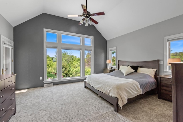 4047 Scenic Rd, Jackson, WI 53037 - bedroom featuring multiple windows, high vaulted ceiling, and ceiling fan
