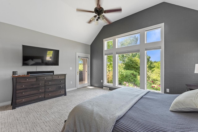 4047 Scenic Rd, Jackson, WI 53037 - carpeted bedroom with access to outside, high vaulted ceiling, and ceiling fan