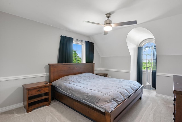 4047 Scenic Rd, Jackson, WI 53037 - bedroom with multiple windows, lofted ceiling, light colored carpet, and a ceiling fan
