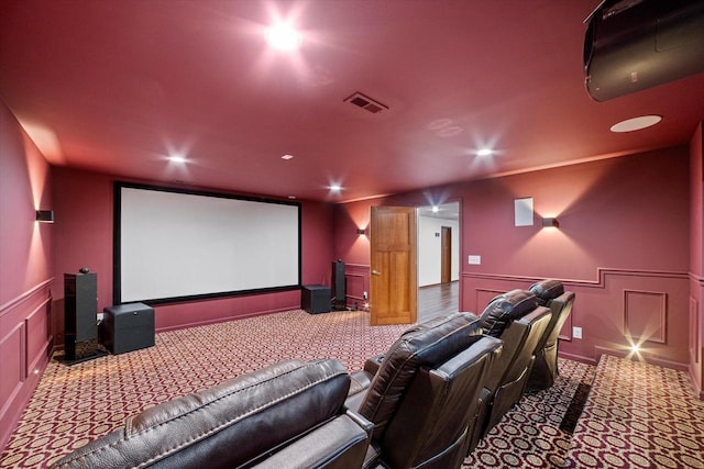 10870 N Spartan Cir, Mequon, WI 53097 - carpeted home theater featuring a decorative wall, a wainscoted wall, and recessed lighting