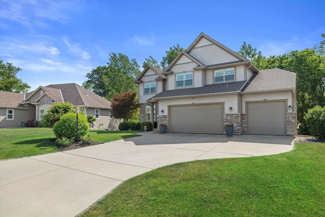 8061 S River Ln, Franklin, WI 53132 - craftsman house featuring driveway, a front yard, stone siding, and a garage