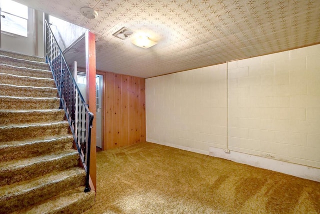 1313 S 26th St, Manitowoc, WI 54220 - below grade area with carpet floors, stairway, concrete block wall, and wood walls
