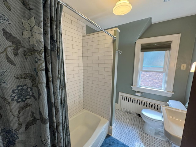 6309 W Mckinley Ave, Wauwatosa, WI 53213 - bathroom with radiator heating unit, shower / tub combo, and tile patterned floors