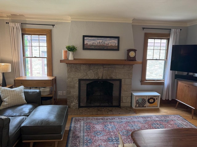 6309 W Mckinley Ave, Wauwatosa, WI 53213 - living area with wood finished floors, plenty of natural light, crown molding, and a stone fireplace