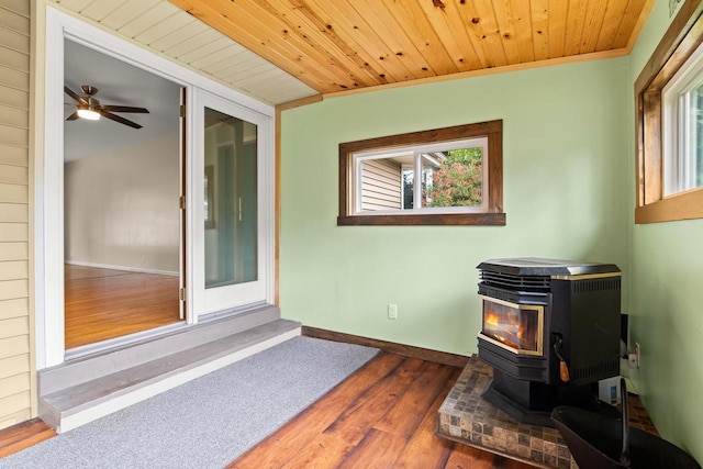 1635 N 21st St, Manitowoc, WI 54220 - detailed view of a wood stove, wood finished floors, ceiling fan, and wood ceiling