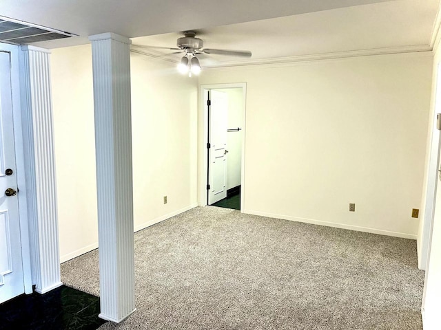 2200 W Good Hope Rd Unit 115, Glendale, WI 53209 - empty room with a ceiling fan, dark colored carpet, decorative columns, and ornamental molding